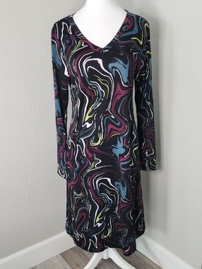 NWT Lularoe Emily Women’s V-Neck Long Sleeve Abstract Swirl Dress - Black/Multi